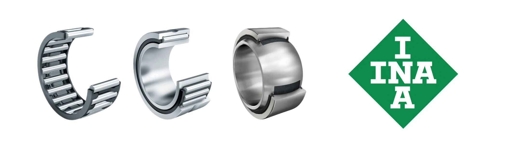 INA drawn cup needle roller bearing, needle roller bearing with inner ring shown in cutaway, and spherical plain bearing, alongside the green diamond INA logo